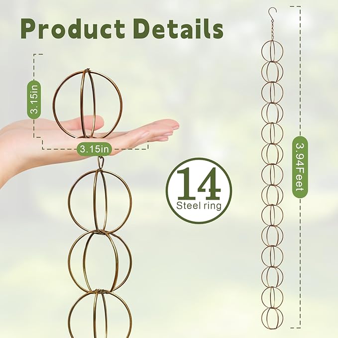 Metal Iron Ring Rain Chain for Gutters, Rust Resistant Outdoor Rain Catcher, Perfect for Heavy Rain, Indoor/Outdoor Decoration, Dark Bronze Finish