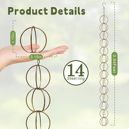Metal Iron Ring Rain Chain for Gutters, Rust Resistant Outdoor Rain Catcher, Perfect for Heavy Rain, Indoor/Outdoor Decoration, Dark Bronze Finish