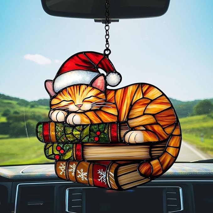 Cute Sleeping Cat Santa Claus Hat Acrylic Suncatcher Stained Glass Effect Window Car Hanging Christmas Ornament Indoor Outdoor Decor Garden Sun Catcher Panel Gifts for Cat Lover for Women Mom Grandma
