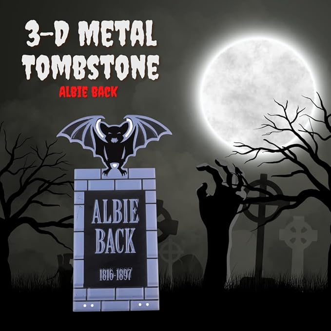 SCS Direct 3-D Metal Halloween Ghost Cemetery XL 17" Tombstone w Stakes -Albie Back- Durable, Rustproof, UV Raised Printing-Upgrade Your Haunted House Mansion w Cemetary Lawn Decor