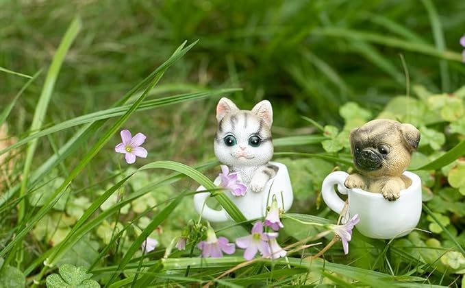 Pug Dog Mini Figurines with Stakes Adorable Garden Statues for Flower Plant Pot Decorations Miniaturefairy Garden Sculpture (Cuddly Puppy Dog)