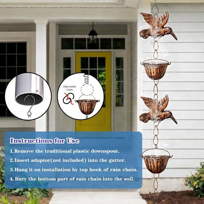 8.8ft Copper Rain Chains for Gutters Outside - Adjustable Steel Hanging Rain Hutter Decorative Rain Catcher with 6 Metal Cups,8 Hummingbird Ornaments for Garden Eaves Drainage