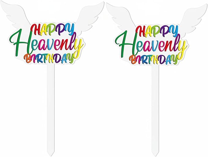 AceOrbit 2 Pcs 13.8 X 7.9 Inches Large Happy Birthday in Heaven Decorations Cemetery Decorations for Grave Metal Memorial Remembrance Stake, Grave Markers for Human Cemetery Yard Site Outdoor (White)
