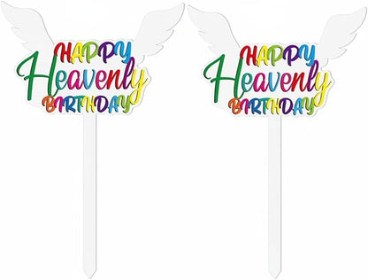 AceOrbit 2 Pcs 13.8 X 7.9 Inches Large Happy Birthday in Heaven Decorations Cemetery Decorations for Grave Metal Memorial Remembrance Stake, Grave Markers for Human Cemetery Yard Site Outdoor (White)