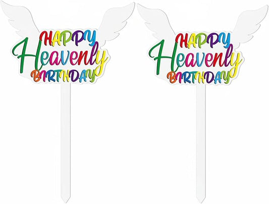 AceOrbit 2 Pcs 13.8 X 7.9 Inches Large Happy Birthday in Heaven Decorations Cemetery Decorations for Grave Metal Memorial Remembrance Stake, Grave Markers for Human Cemetery Yard Site Outdoor (White)