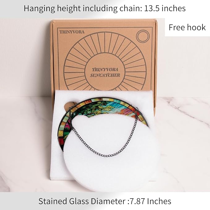 Lake Stained Glass Window Hanging, 7.87 Inch Handmade Plant Sun Catchers with Hook, Wall Art Decor Panel for Indoor Windows, Garden,Gift for Mother’s Day, Housewarming