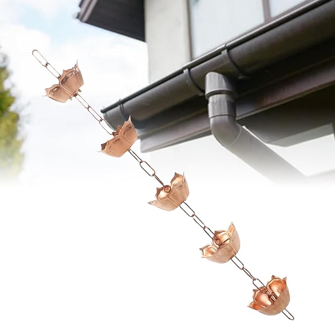 Aramox Copper Rain Chain with Flower Design, 1m/39.37in Length, Decorative Gutter Downspout Replacement for Garden