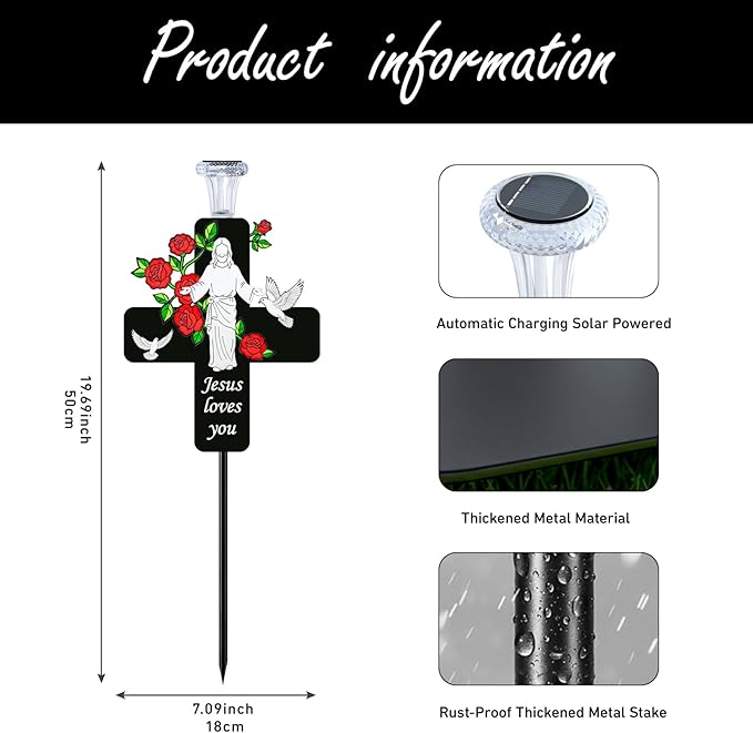 Solar Jesus Cross Memorial Stake with Rose - Religious Metal Cemetery Decorations, LED Christian Grave Marker, Sacred Sympathy Gift for Loss of Loved One (J Cross)