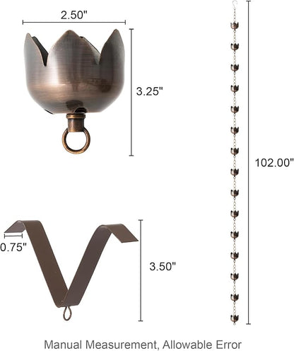 Glitzhome 8.5 FT Lotus Flower Rain Chains, Faux Copper Rain Chains for Gutters with 15 Cups, Adjustable Rain Catcher Chain with V-Shaped Gutter