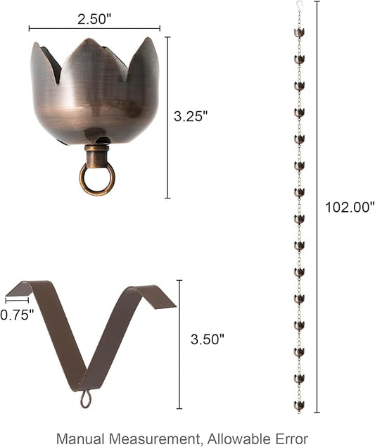 Glitzhome 8.5 FT Lotus Flower Rain Chains, Faux Copper Rain Chains for Gutters with 15 Cups, Adjustable Rain Catcher Chain with V-Shaped Gutter