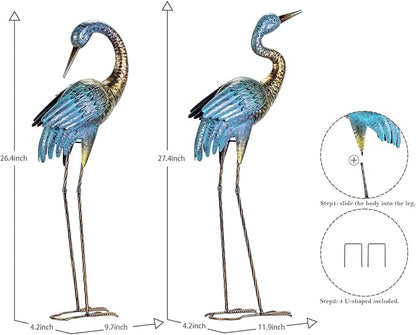 Natelf Garden Crane Statues Outdoor, Standing Blue Heron Decoy Sculptures, Metal Bird Yard Art for Lawn Patio Backyard Decoration(Set of 2)