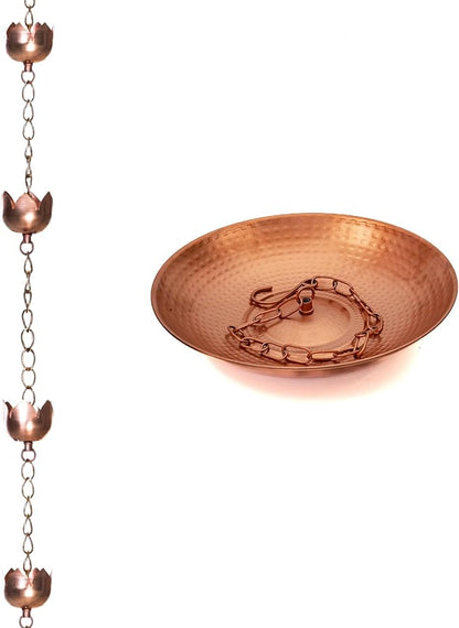 Topadorn Rain Chains Lotus Decor 8.5 Feet Rain Chain with 11 Tulip Shaped Copper Cups, Mental Antique Gold Rain Chain Basin Downspout