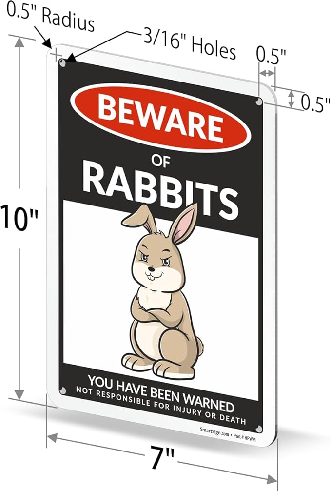 SmartSign Funny Beware Of Rabbits Warning Sign - 10"x7", 40 mil Laminated Rust-free Aluminum - Metal Signs for Farms, Outdoors, Patio, Gifts, Cafe - Rabbits Theme, Made in USA