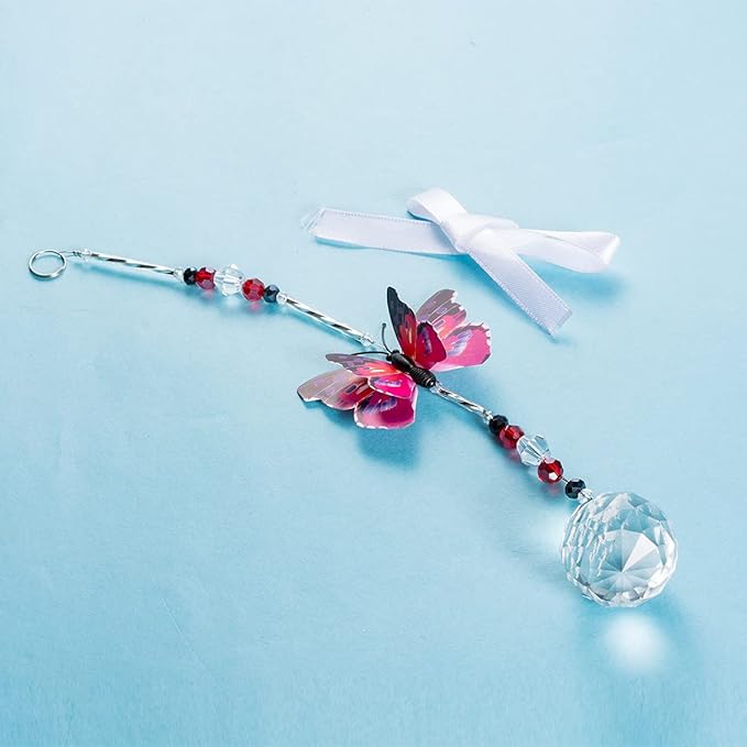 Christmas Crystal Garden Suncatcher Butterfly Hanging Crystals Ornament for Window Rainbow Maker Prisms Home Decor Sun Catcher Gift Idea for Mom Grandma (Pink)
