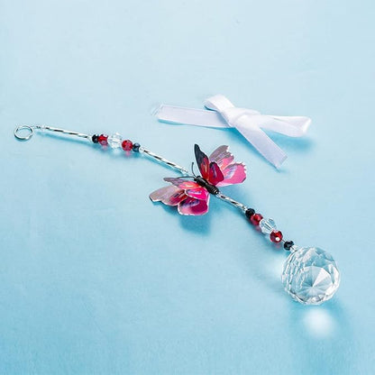 Christmas Crystal Garden Suncatcher Butterfly Hanging Crystals Ornament for Window Rainbow Maker Prisms Home Decor Sun Catcher Gift Idea for Mom Grandma (Pink)