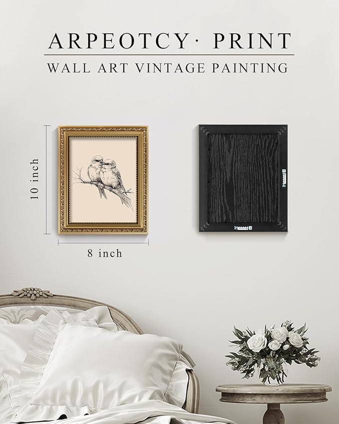 ARPEOTCY Vintage Gold Framed Wall Art, Sketch Birds in Love on a Branch Paintings, Small Canvas Prints Artwork with Frame, Victorian Wall Decor for Living Room Bathroom Bedroom Shelf, 8x10 inch