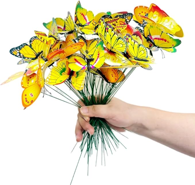 Rikyo 3D Butterfly Garden Stake Decor,10" PVC Butterfly Garden Decor for Outside,Shaking Head Artificial Butterflies for Cake Bouquet Wall Lawn Pathway Plant Pot Flower Bed Yard Decor (50, Yellow)