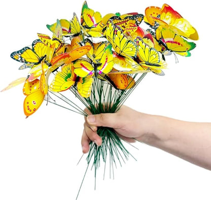 Rikyo 3D Butterfly Garden Stake Decor,10" PVC Butterfly Garden Decor for Outside,Shaking Head Artificial Butterflies for Cake Bouquet Wall Lawn Pathway Plant Pot Flower Bed Yard Decor (50, Yellow)