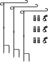 HOOSUN Garden Flag Stand Holder Pole Easy To Install Strong Sturdy Wrought Iron Fits 12.5" x 18" Mini Flag with 1 Tiger Clip Curved Hook With S Type (3 Pack)
