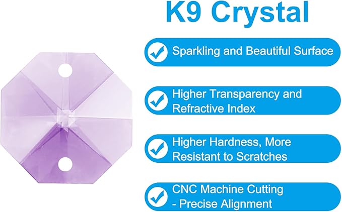 PATIKIL K9 Crystal Octagon Beads 2 Holes Pendants, 60 Pack 14mm Chandelier Prisms Parts Ornaments Hanging Beads for DIY Arts Crafts Decoration, Light Purple