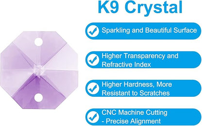 PATIKIL K9 Crystal Octagon Beads 2 Holes Pendants, 60 Pack 14mm Chandelier Prisms Parts Ornaments Hanging Beads for DIY Arts Crafts Decoration, Light Purple