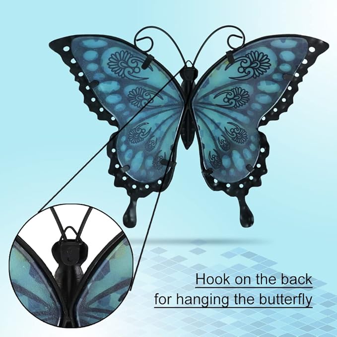 LIFFY Metal Butterfly Wall Decor,2Pack 12" Hanging Glass Butterfly Outdoor Decor,Garden Decorative Ornaments Outside for Home,Yard,Fence,Patio
