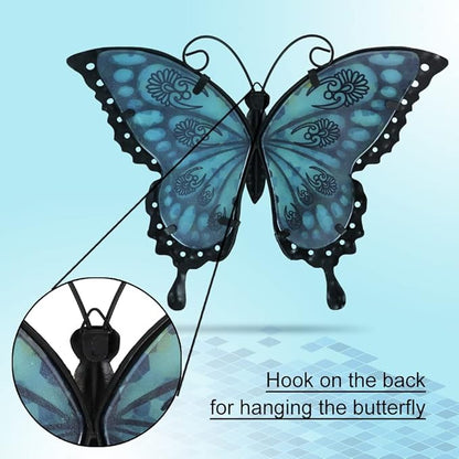 LIFFY Metal Butterfly Wall Decor,2Pack 12" Hanging Glass Butterfly Outdoor Decor,Home Orange Butterflies Decorative Ornaments Outside for Garden,Yard,Fence,Patio