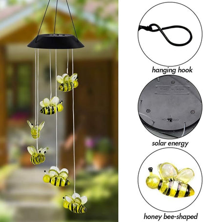 MorTime LED Solar Bee Wind Chime, 25" Mobile Hanging Wind Chime for Home Garden Decoration, Automatic Light Changing Color(Honeybee)