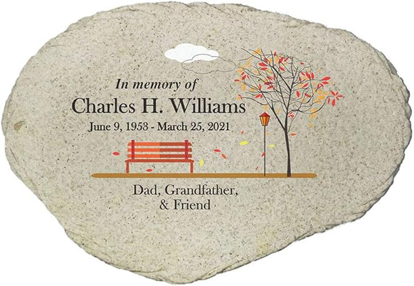 Personalized Memorial Garden Stone, Flat UV Resin Stone, Measures 11.25" W x 7.75" H, Memorial Garden Décor, Sympathy Gift for Family, Bereavement Gifts (Empty Bench)