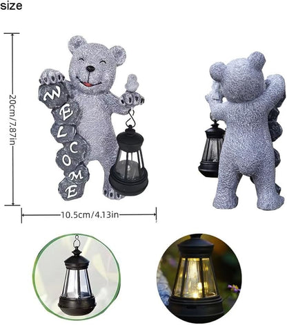 Bear Figurine Light Solar Powered Led Light- Welcome Lawn Decor Bear Garden Statues for Patio, Balcony, Yard Ornament, Outdoor Figurine Light House Housewarming Gifts, 7.8x4.13inch