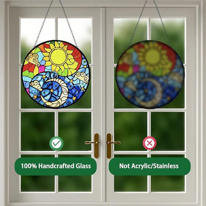 Suncatcher Indoor/Outdoor Stained Glass Window Hanging - Sun and Moon Handmade Stained Glass Suncatchers Hanging with Hook and Chain - Decoration for Home Garden Christmas Wedding Housewarming Gifts