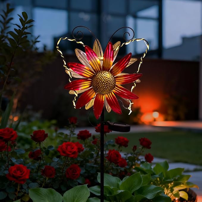 Solar Wind Spinners Outdoor,Butterfly Garden Windmill Metal Flower Wind Sculptures for Yard Art Lawn Decor(Red)