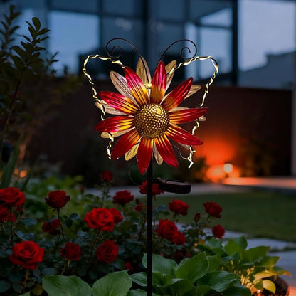 Solar Wind Spinners Outdoor,Butterfly Garden Windmill Metal Flower Wind Sculptures for Yard Art Lawn Decor(Red)