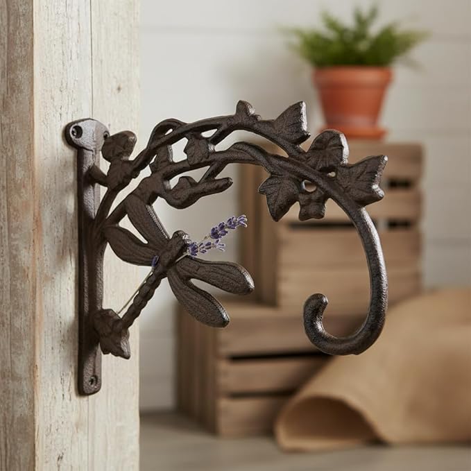 Comfy Hour 9.25" Dragonfly Decorative Plant Wall Hanger, Heavy Duty Cast Iron Wall Mount Bracket for Hanging Baskets, Bird Feeders, Lanterns & Wind Chimes, Vintage Brown, 1 Pack