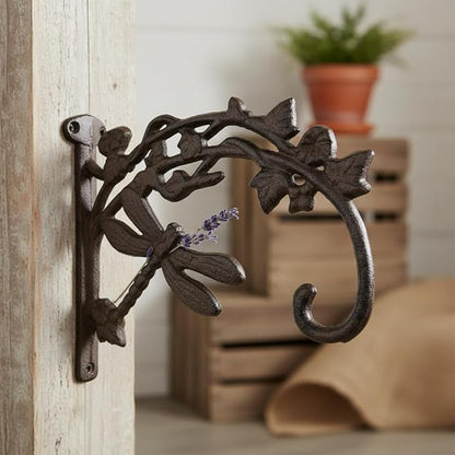 Comfy Hour 9.25" Dragonfly Decorative Plant Wall Hanger, Heavy Duty Cast Iron Wall Mount Bracket for Hanging Baskets, Bird Feeders, Lanterns & Wind Chimes, Vintage Brown, 1 Pack