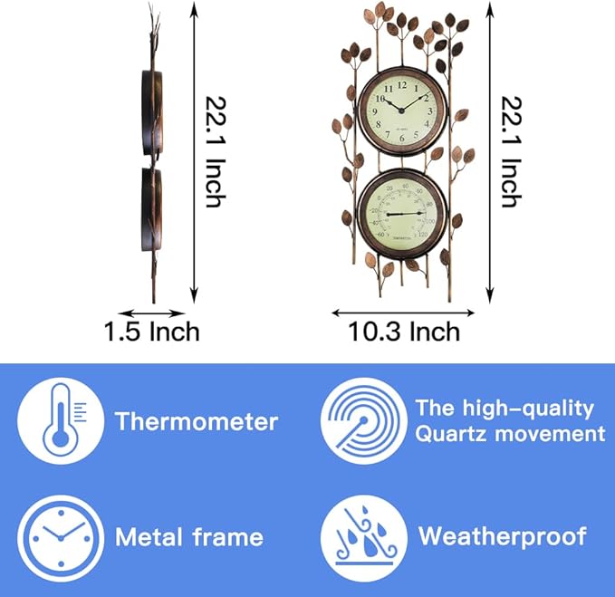 BESTIME 66059 Two-in-one Leaf Design Metal Clock.Wall Art Clock,Thermometer,Interior and Outdoor Decoration,Whether Industrial,Country,Rustic,Garden,Farmhouse,Yard,Home,Office, Living,Kitchen,Bedroom.