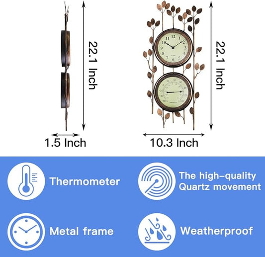 BESTIME 66059 Two-in-one Leaf Design Metal Clock.Wall Art Clock,Thermometer,Interior and Outdoor Decoration,Whether Industrial,Country,Rustic,Garden,Farmhouse,Yard,Home,Office, Living,Kitchen,Bedroom.