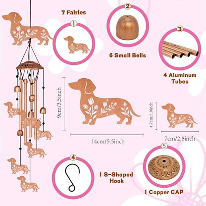 Wind Chimes for Outside, Melodious Melodic Tones Dachshund Style Windchimes Suitable for Outdoor Garden Patio Porch Decor, Unique 33“ Metal Memorial Wind Chimes Friendship Gifts for Women
