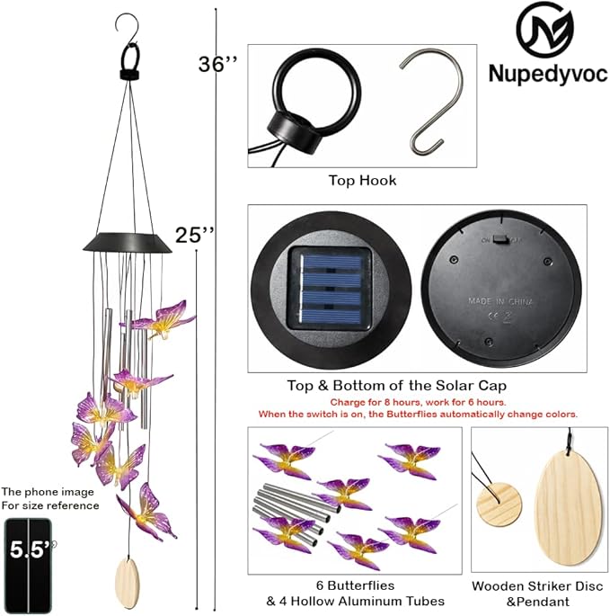 36” Butterfly Aluminum Tube Solar Light LED Wind Chime for Outside, Weather Resistant Decoration Outdoor Garden Patio Soft Tone Decor, Gift for Birthday, Mother's Day, Relaxation