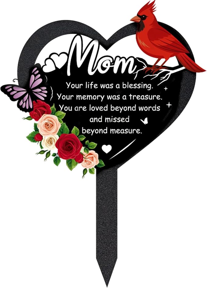 Grave Decorations for Cemetery - Memorial Mom Metal Graves Stakes Outdoors Heart Cardinals Remembrance Plaque Black Waterproof Flower Graveside Burial Decor Sympathy Gifts for Loss of Mother