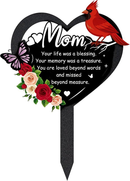 Grave Decorations for Cemetery - Memorial Mom Metal Graves Stakes Outdoors Heart Cardinals Remembrance Plaque Black Waterproof Flower Graveside Burial Decor Sympathy Gifts for Loss of Mother