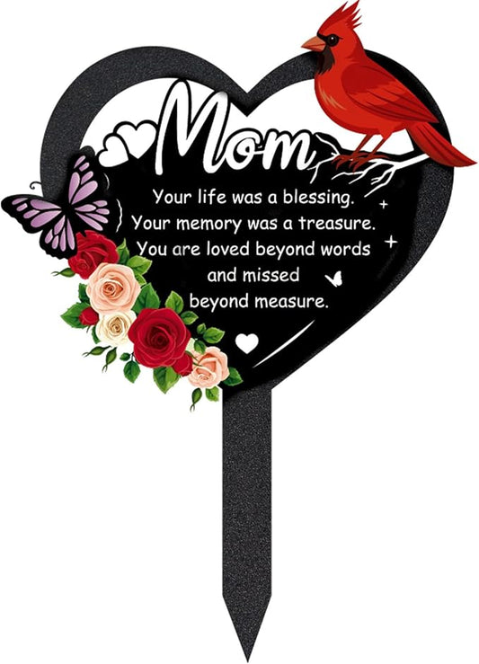 Grave Decorations for Cemetery - Memorial Mom Metal Graves Stakes Outdoors Heart Cardinals Remembrance Plaque Black Waterproof Flower Graveside Burial Decor Sympathy Gifts for Loss of Mother