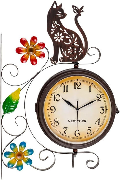 Vintage Double Sided Wall Clock with Metal Frame Antique Cat Wall Clock for Outdoor, Silent no-Ticking Watches & 360 Degree Rotate, Decorative Art Decor for Patio Living Room Restaurants
