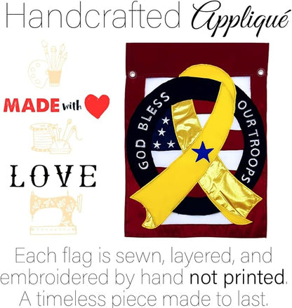 God Bless Our Troops Flag Backyard Wall Hanging Decor Canvas Home Armed Forces American Support Yellow Ribbon Yard Sign Embroidered Tapestry USA Deployed Poster Military Decorations Veteran Gift