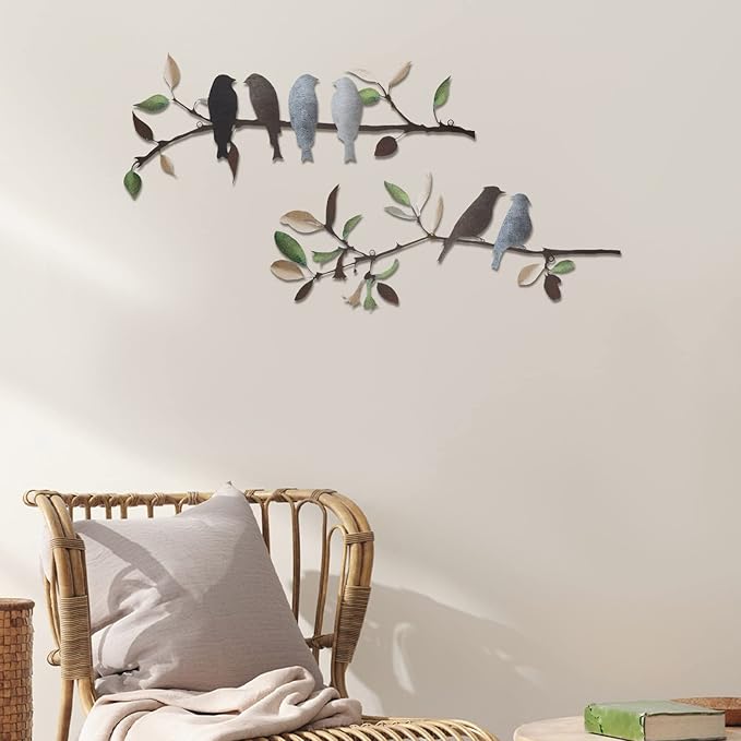 Demissle 2 Pcs Metal Birds Wall Art Decor Vivid Birds on Branch with Leaves Rustic Wall Decor Waterproof Metal Sculpture Hanging Sign for Home Balcony Garden Indoor Outdoor(Retro Colors)