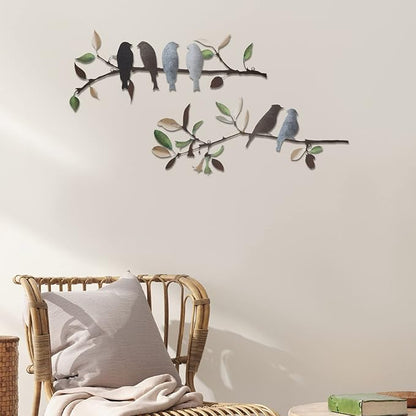 Demissle 2 Pcs Metal Birds Wall Art Decor Vivid Birds on Branch with Leaves Rustic Wall Decor Waterproof Metal Sculpture Hanging Sign for Home Balcony Garden Indoor Outdoor(Retro Colors)
