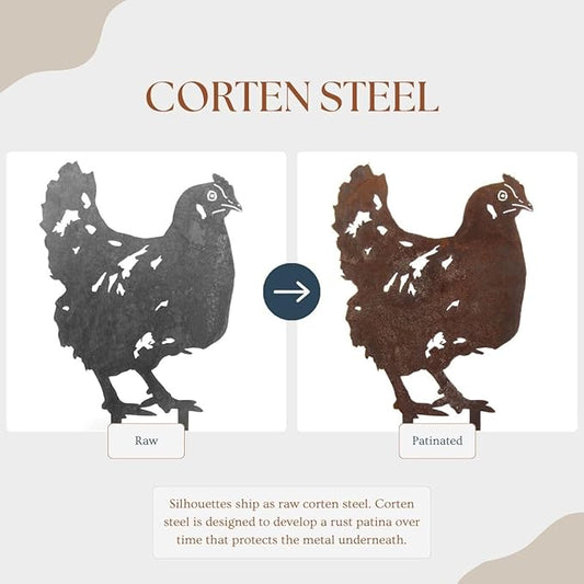 Corten Steel Chicken Silhouette Rusting Yard Stake