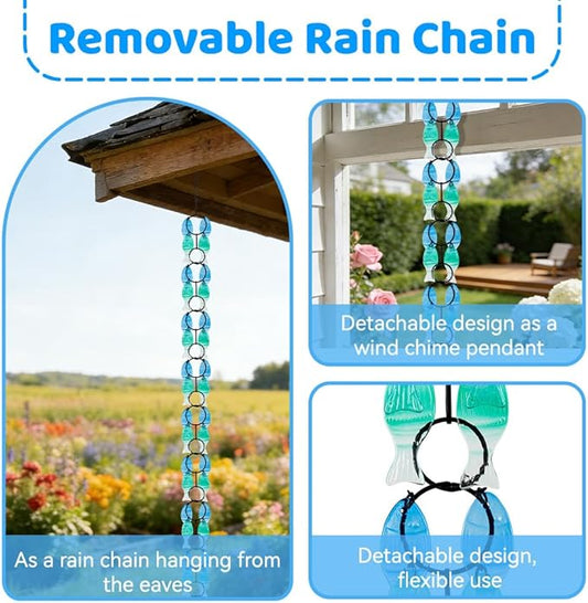 dreamysoul Rain Chains for Outside, 7.87FT Adjustable Blue Glass Rain Chain, Fish Shpe Decorative Rain Catcher Chains for Gutters, Downspout, Eaves, Drainage