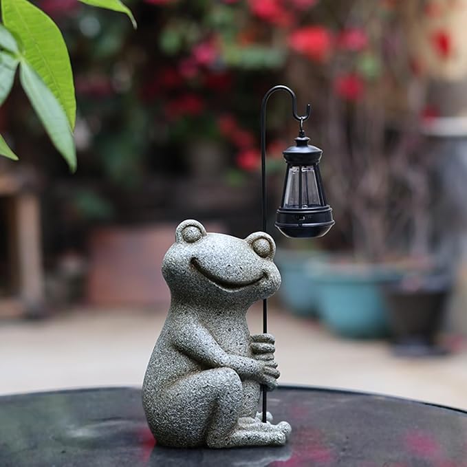 Solar Garden Statue, Cute Resin Animal Figurine with Solar Lantern Outdoor Decor for Patio Lawn Yard Pathway, Unique Housewarming Birthday Gift for Mom and Grandma (Frog)