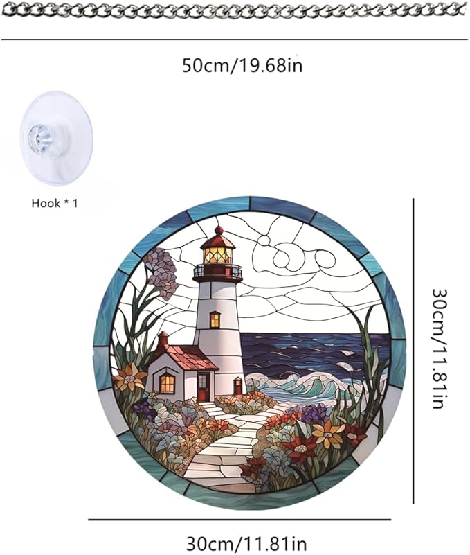 Lighthouse Stained Window Hangings with Chain– Acrylic Round Ornament for Garden, Patio and Indoor Decor, Housewarming Gift for Mom, Grandma